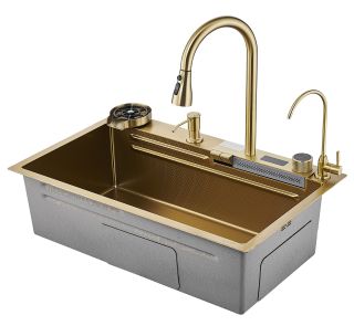 Многофункциональная кухонная мойка Savol S-SC002C с водопадом 75см золото матовое